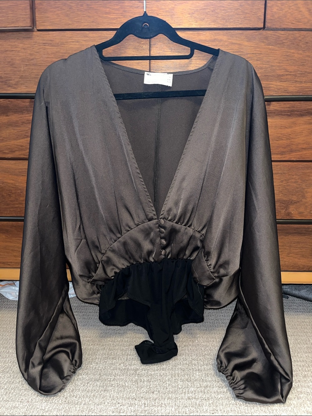 Satin Deep V-Neck Olive Green Blouse